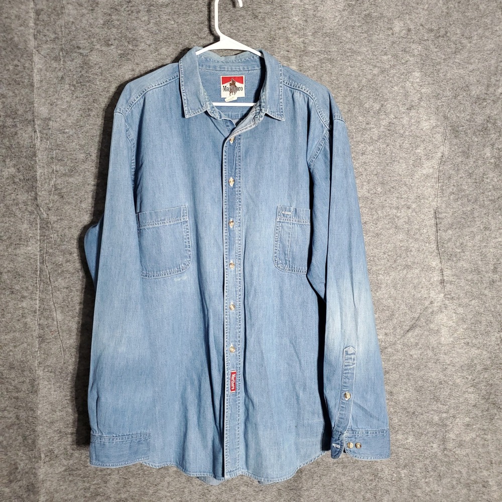 Marlboro Classic Denim Shirt Mens XL Long Sleeve Button Up Western Vintage USA X